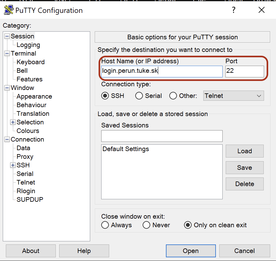 PuTTY Basic Session Configuration